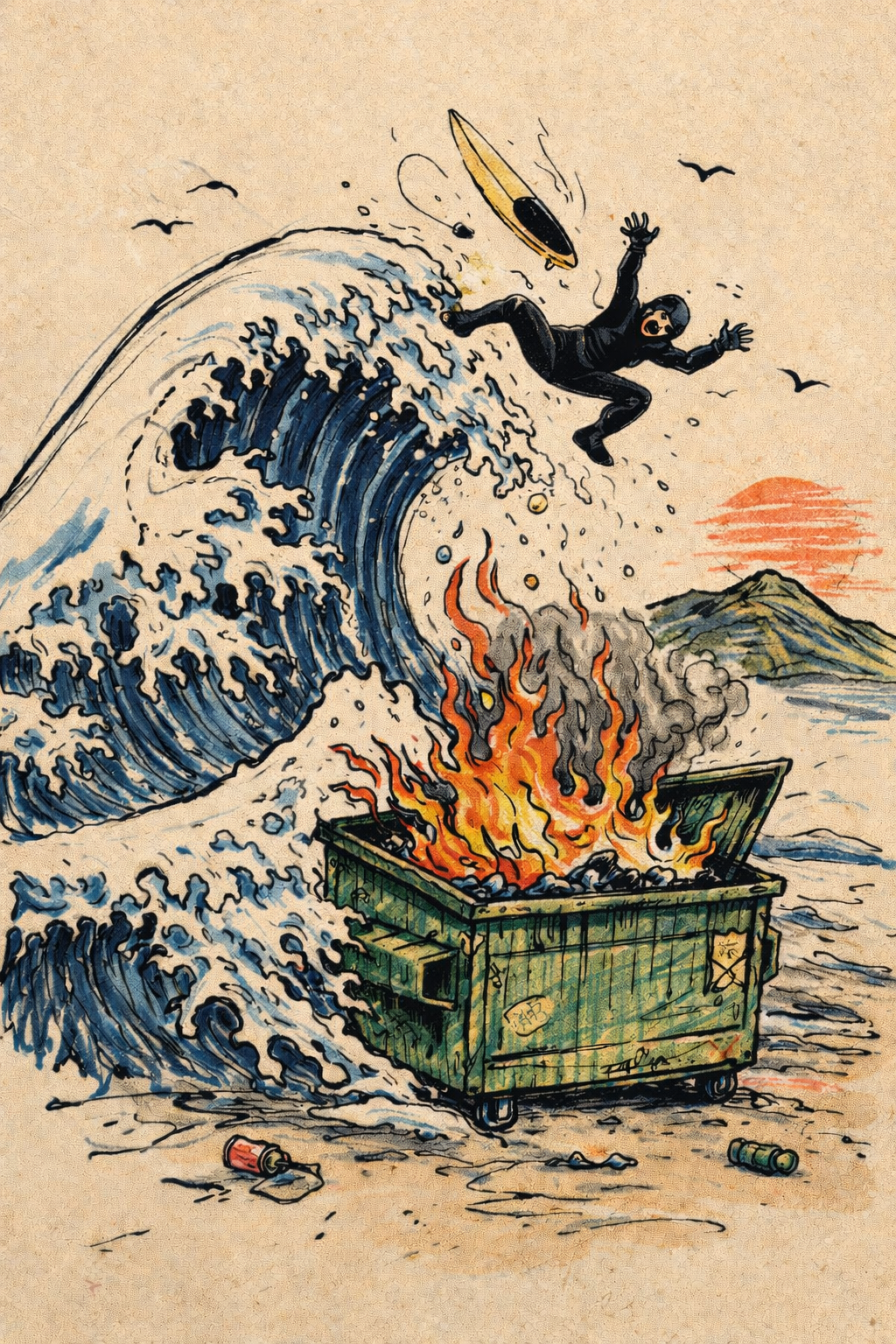 surfer's flight over fiery dumpster
